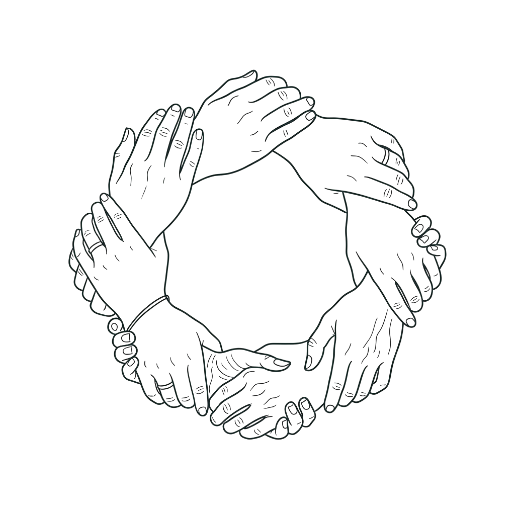 Illustration of four hands joined together in a circle, symbolizing unity and teamwork