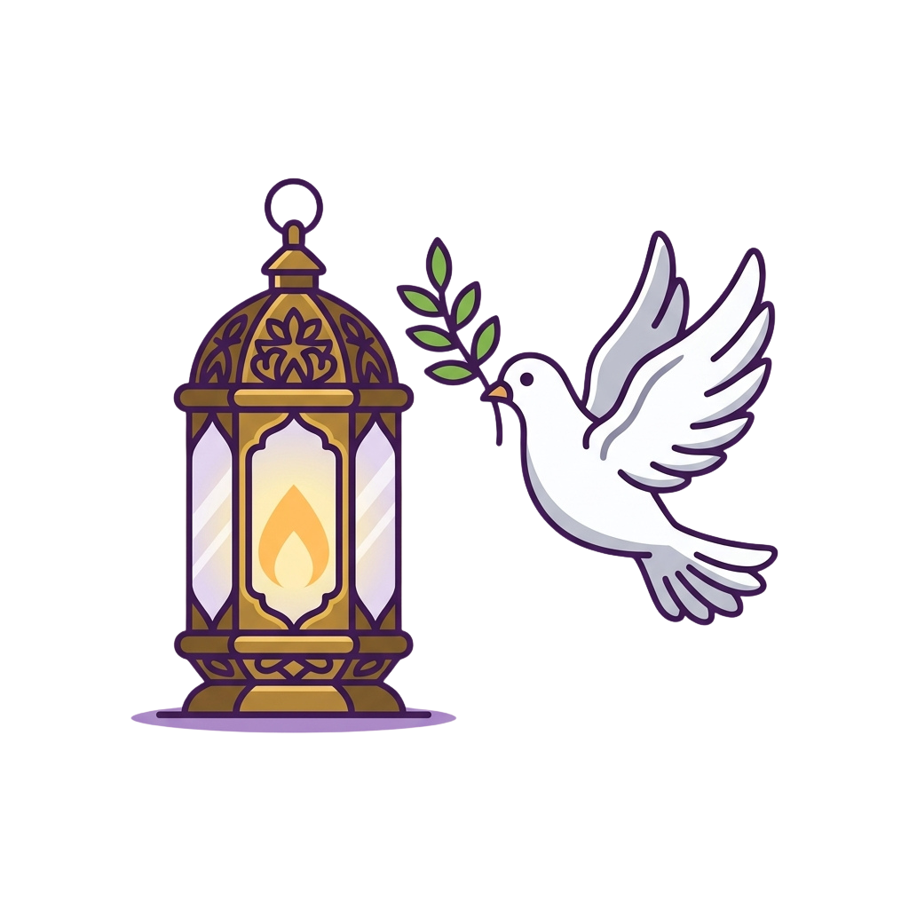 Illustration of a decorative lantern with a lit flame and a white dove holding an olive branch