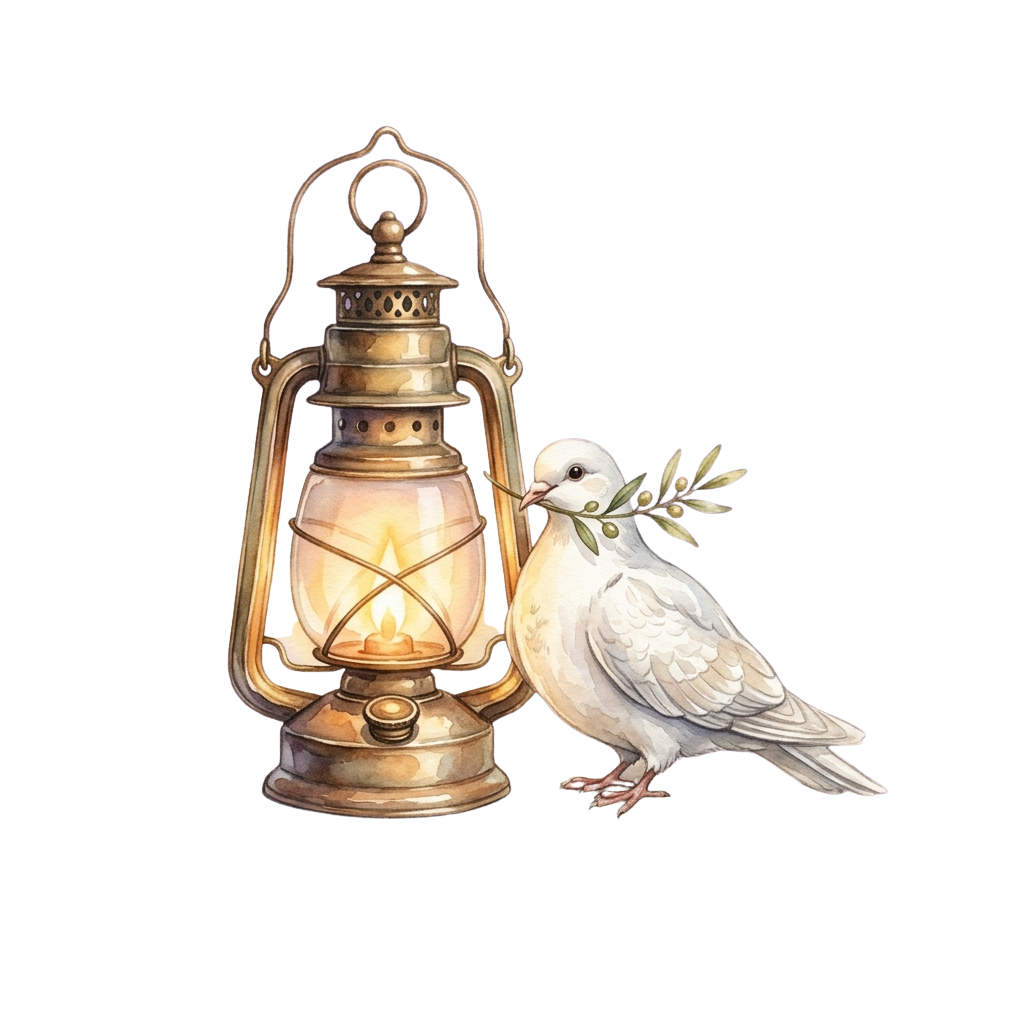 A white dove holding an olive branch next to a lit vintage brass lantern