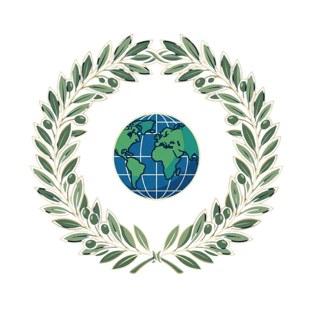 A laurel wreath encircling a globe illustration on a black background