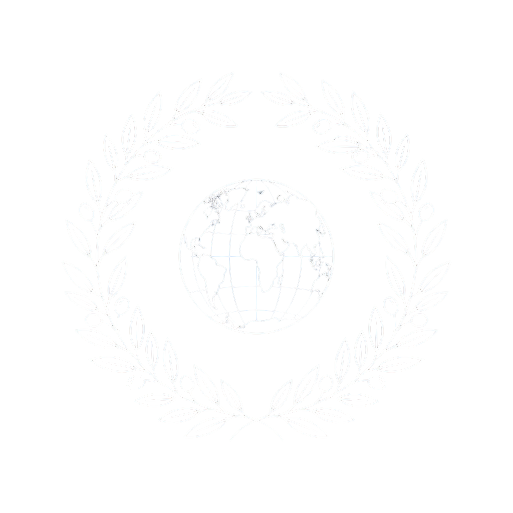 White laurel wreath encircling a globe illustration on a black background