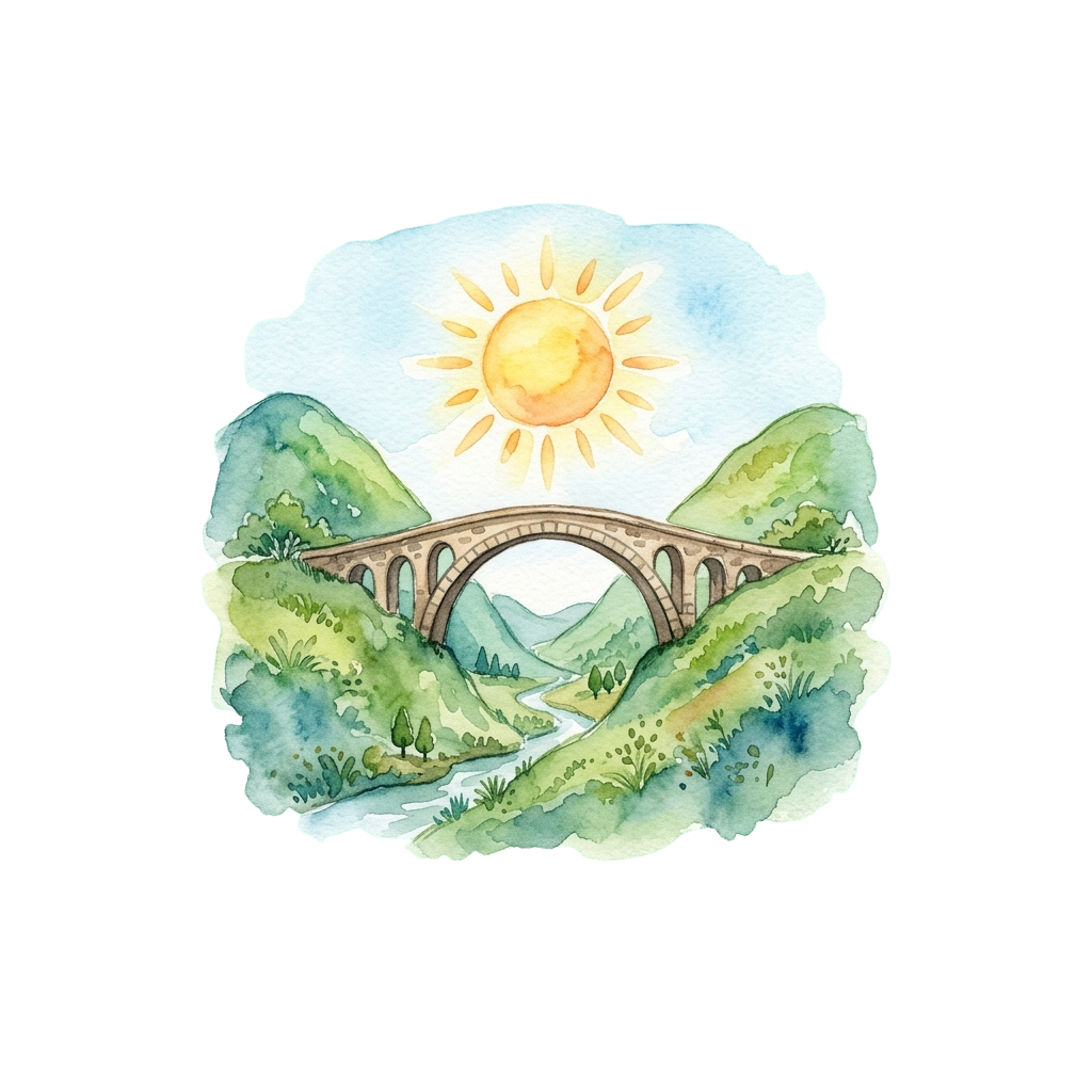 A watercolor painting of a stone bridge over a river surrounded by greenery under a bright sun.