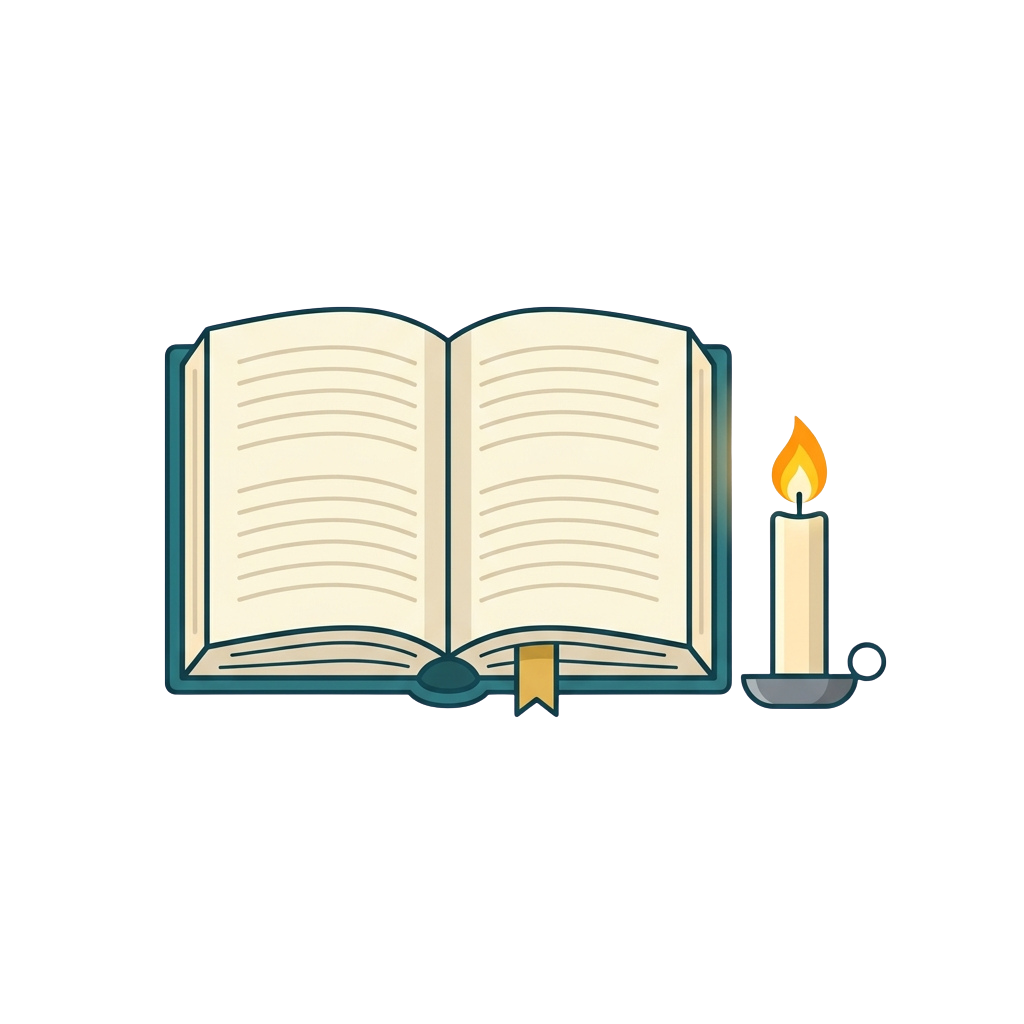 Illustration of an open book with a lit candle beside it on a dark background