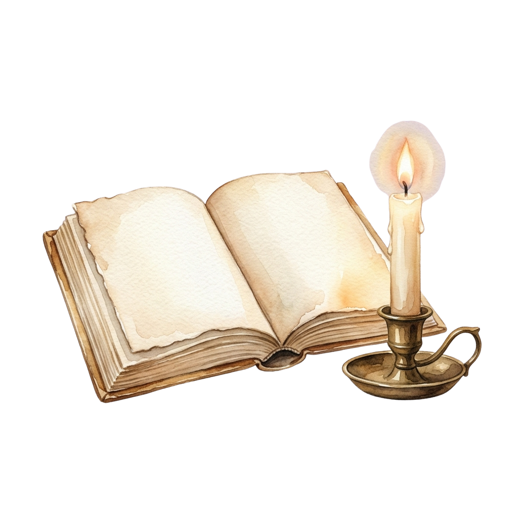 An open old book next to a lit candle on a stand