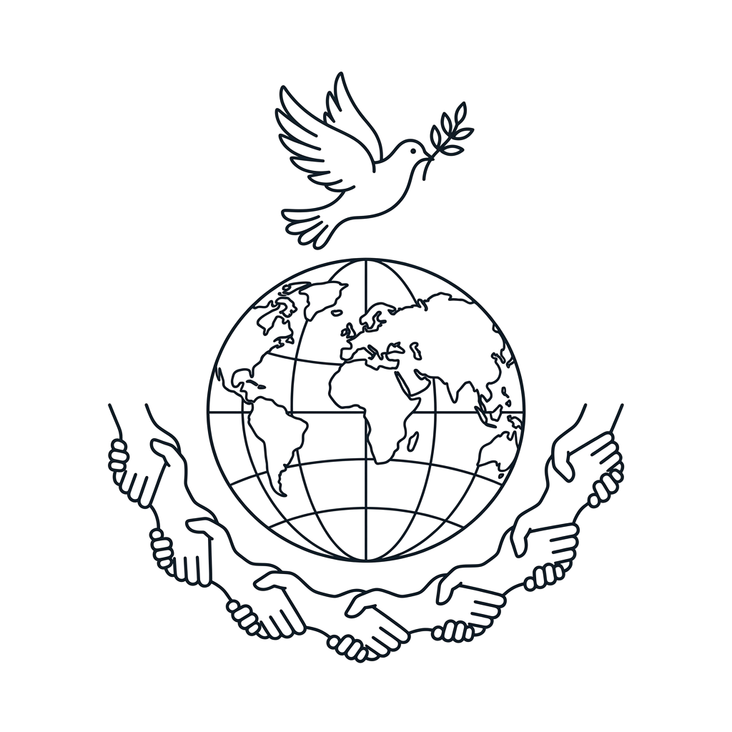 Illustration of a globe held by two hands with a dove flying above symbolizing peace and unity
