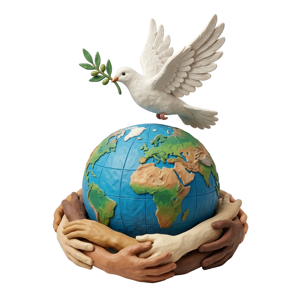 A white dove holding an olive branch perched atop a globe surrounded by diverse hands.