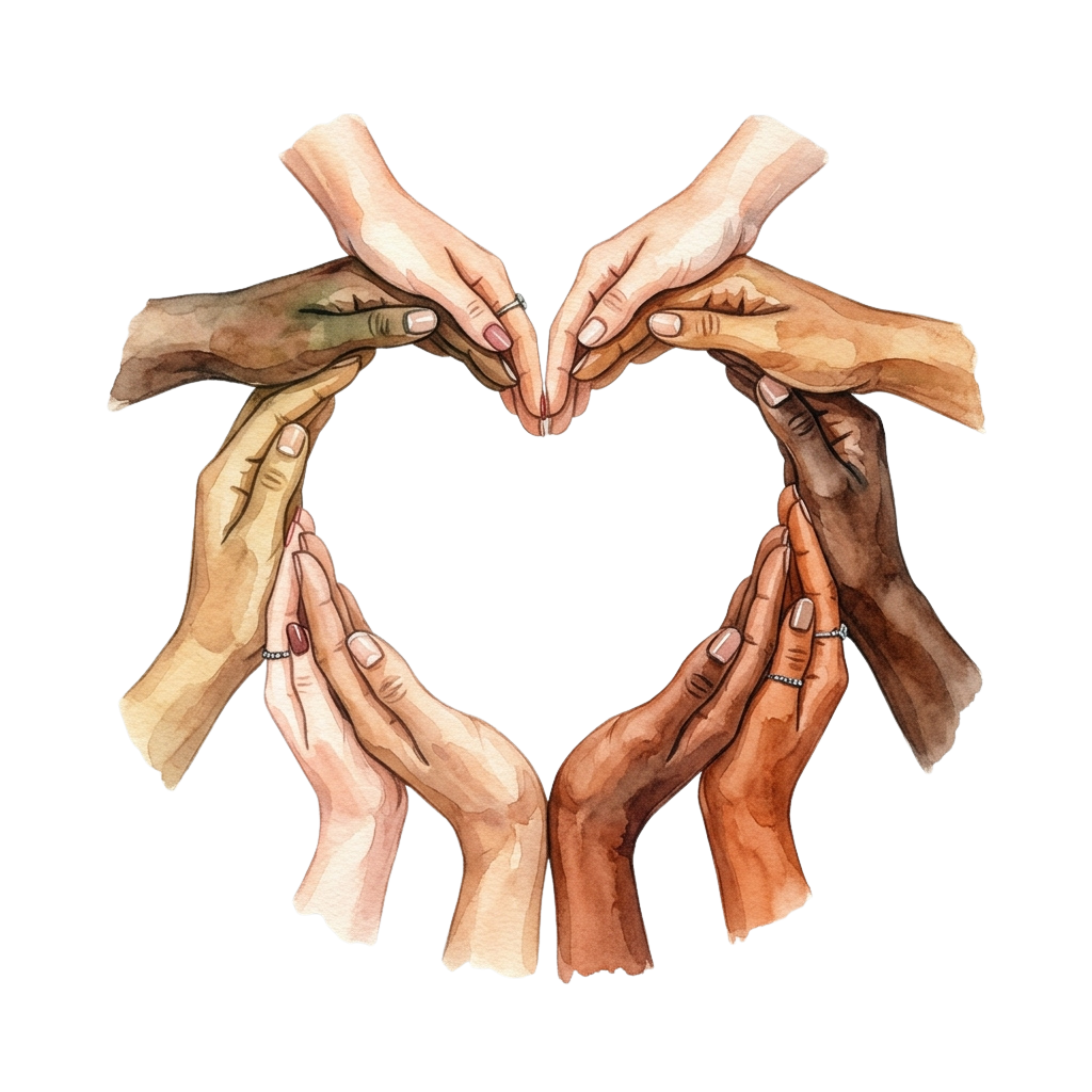 Eight hands of different skin tones forming a heart shape by interlocking fingers against a black background