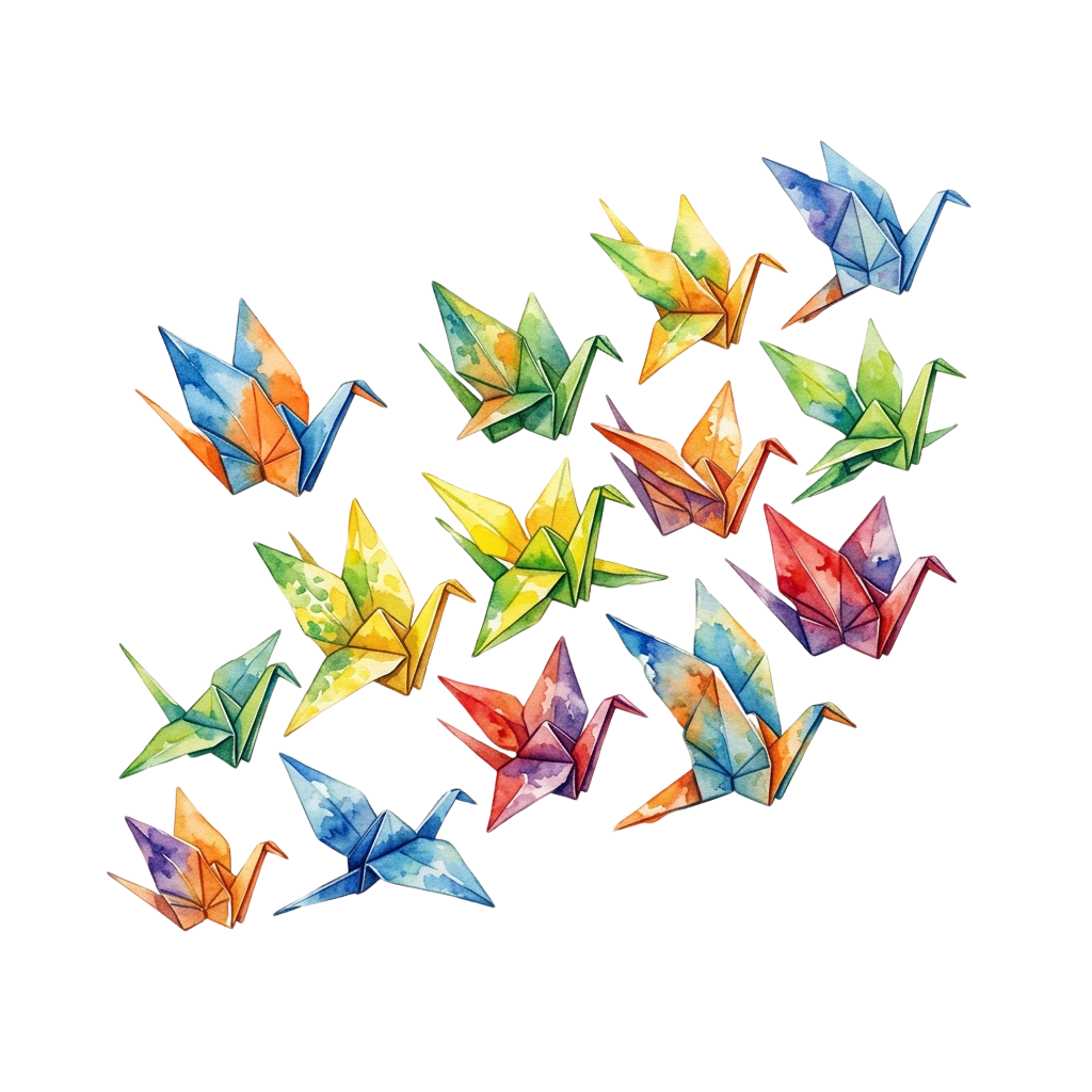 A cluster of colorful origami paper cranes in various bright colors against a black background