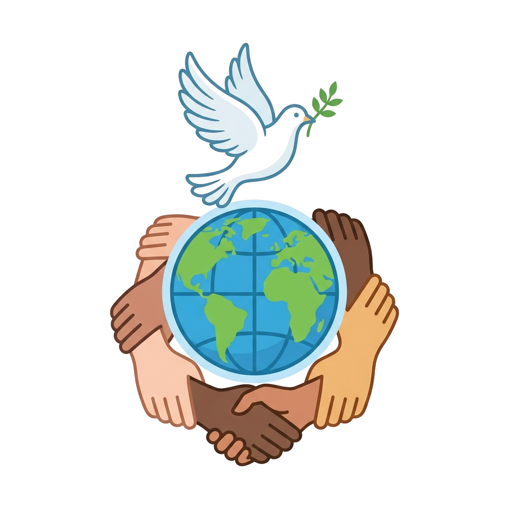 Illustration of diverse hands holding a globe with a dove carrying an olive branch above it