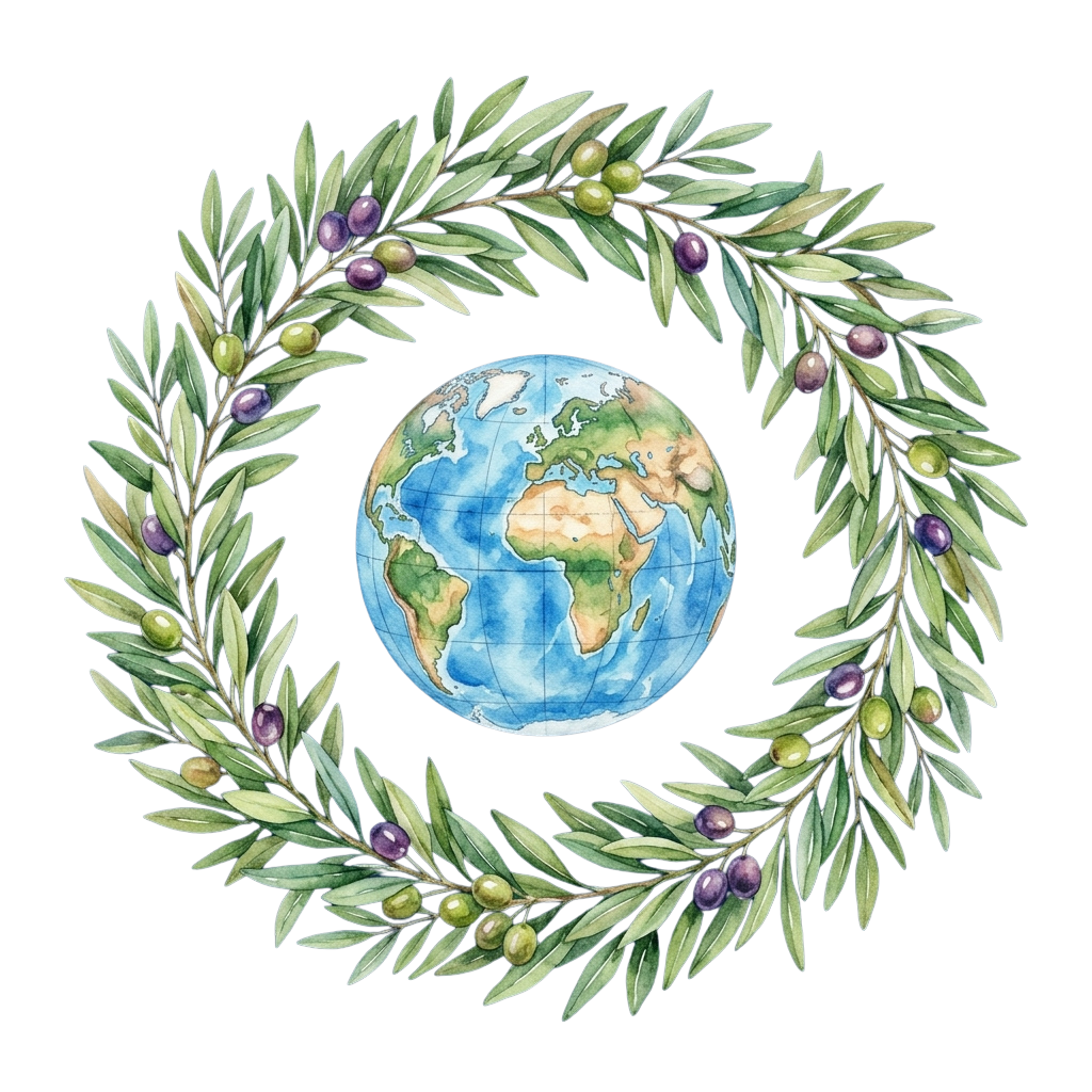 A circular olive laurel wreath surrounding a detailed illustration of Earth viewed from space.