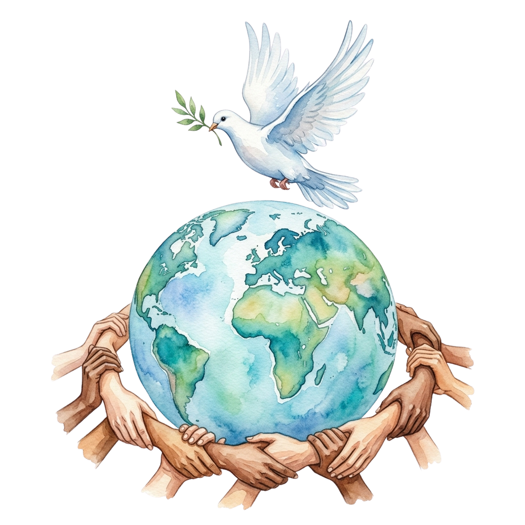 Illustration of diverse hands holding a globe with a white dove carrying an olive branch above it