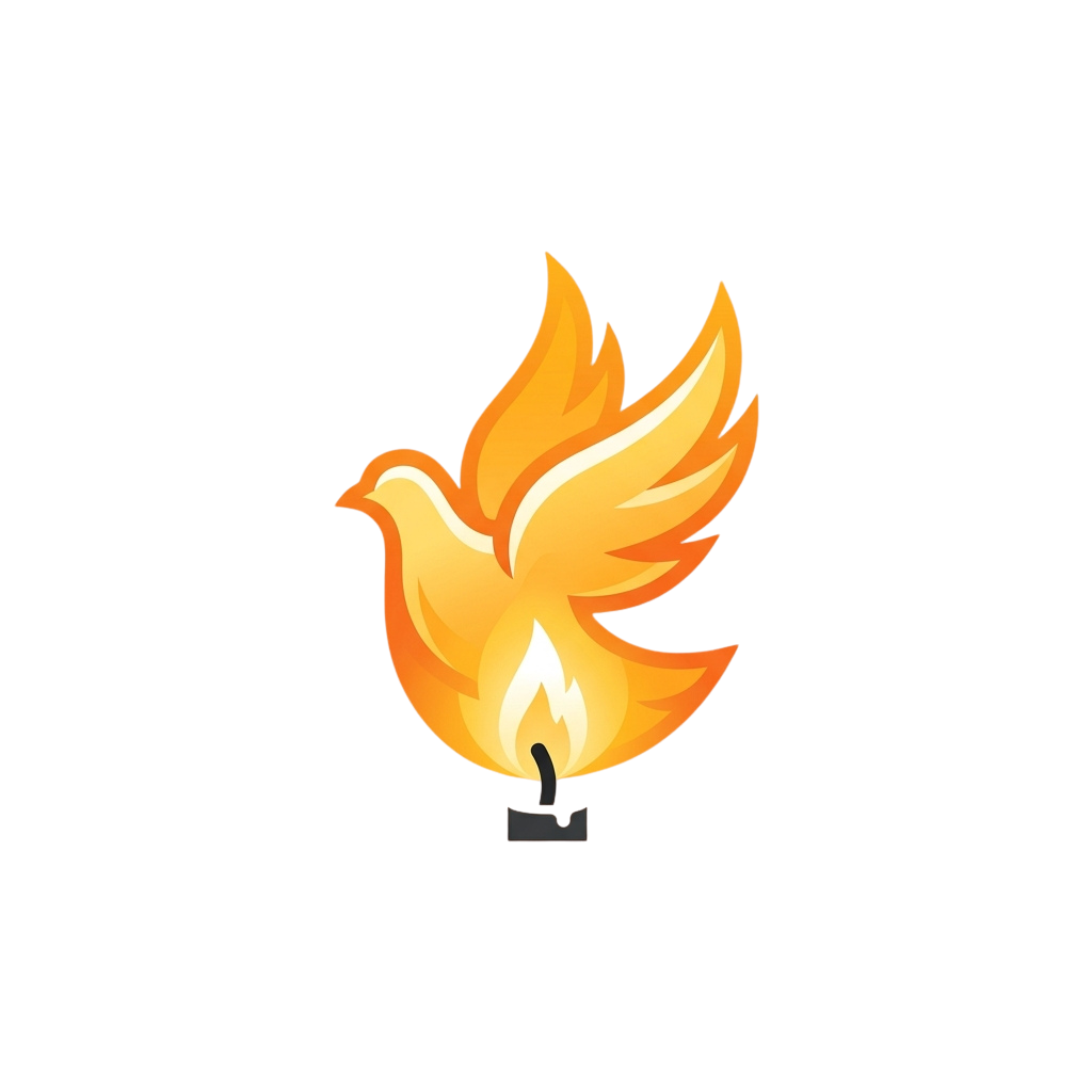 A stylized bird with fiery orange and yellow flames for wings and tail perched on a small flame base.