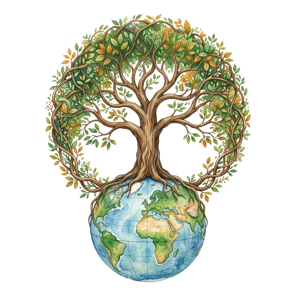 A stylized tree with green leaves and brown branches intertwined around a globe, symbolizing nature and Earth.