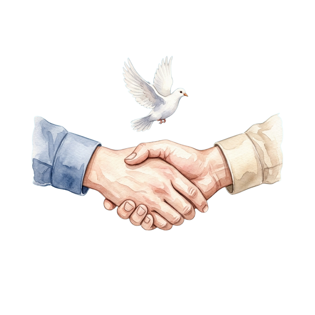 Two hands shaking with a white dove flying above them against a black background