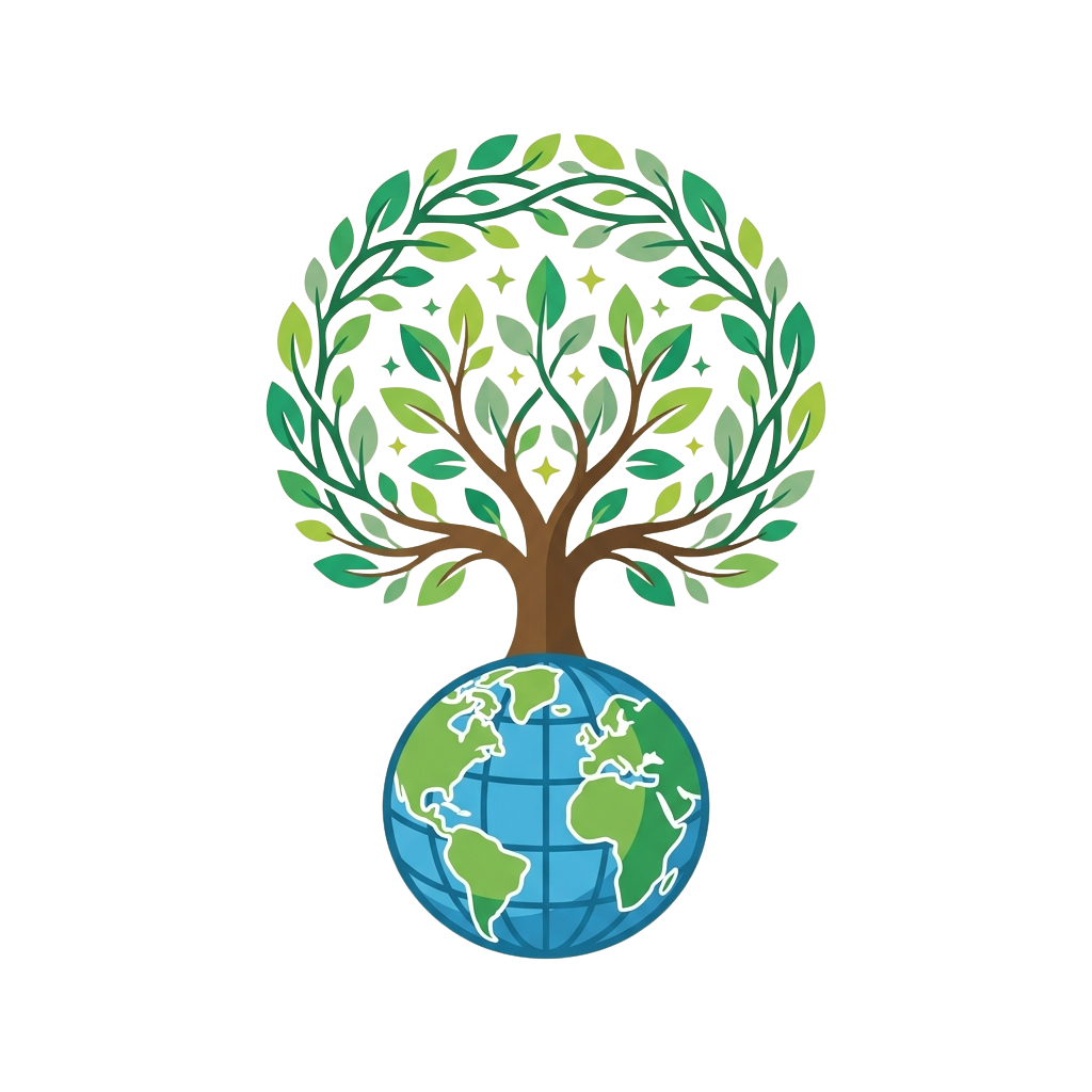 A stylized tree with green leaves growing from a globe representing Earth, symbolizing environmental harmony.