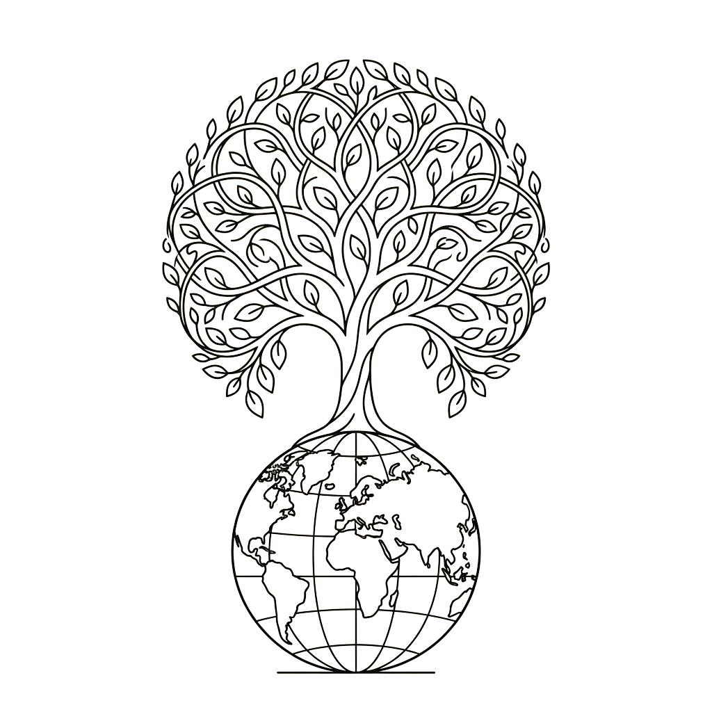 An intricate white line drawing of a tree with roots forming a globe at its base