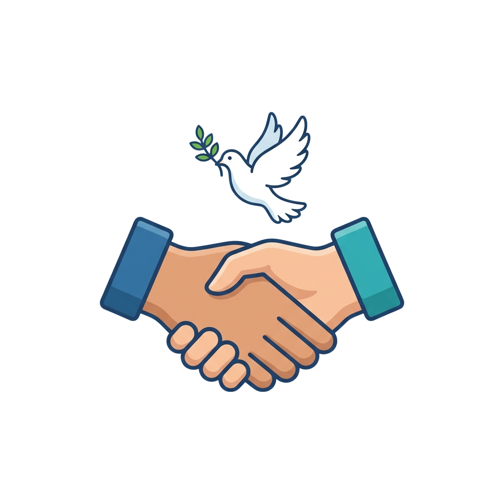 Two hands shaking with a white dove holding an olive branch above them