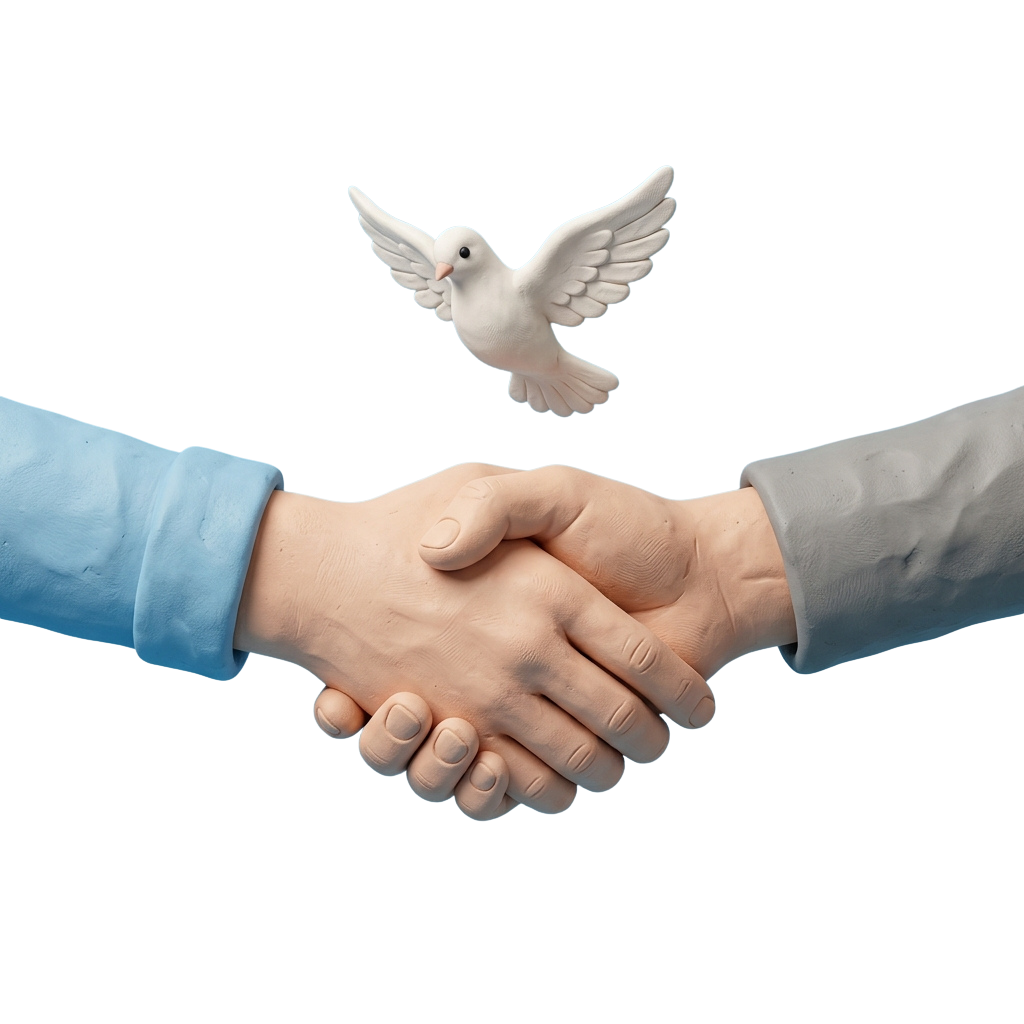 Two hands shaking with a white dove flying above, symbolizing peace and agreement