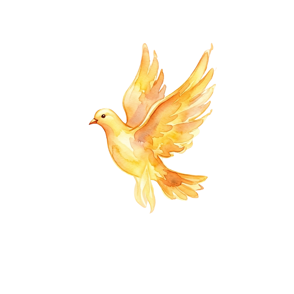 A golden watercolor dove with outstretched wings flying against a black background