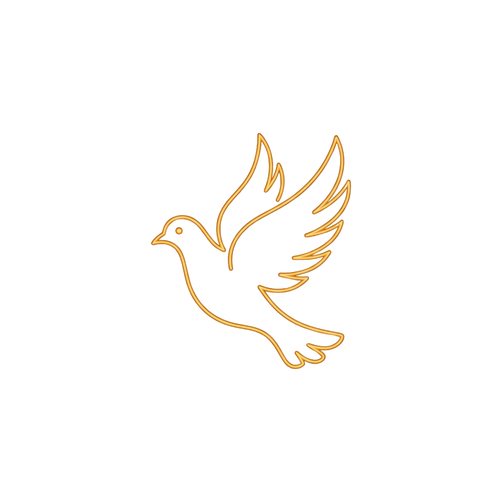 A stylized golden outline of a dove in flight against a black background