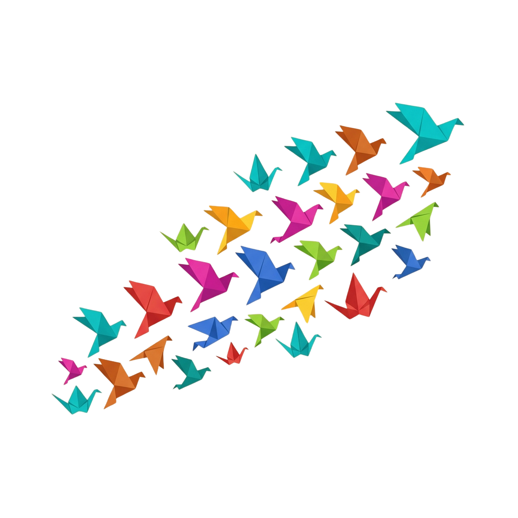 A flock of origami paper cranes in various bright colors flying together