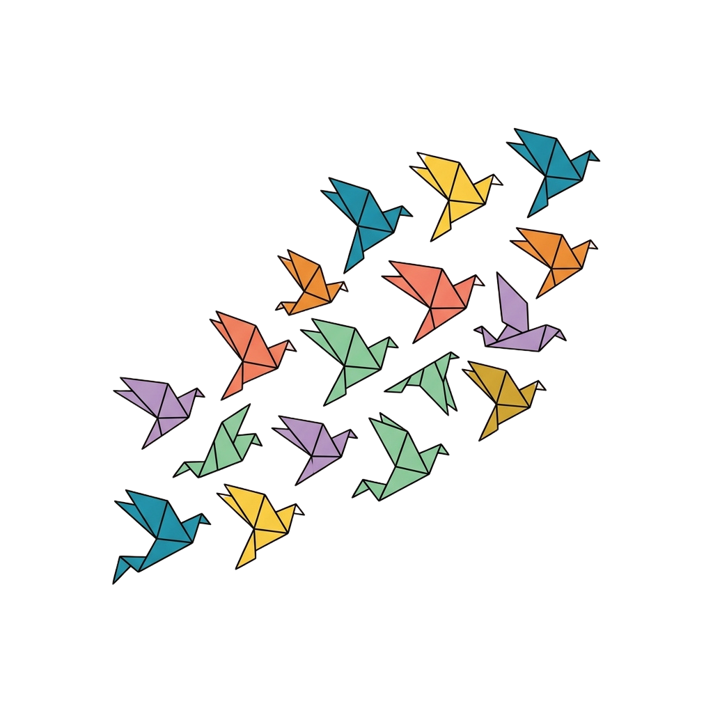 A group of origami paper cranes in various bright colors against a black background