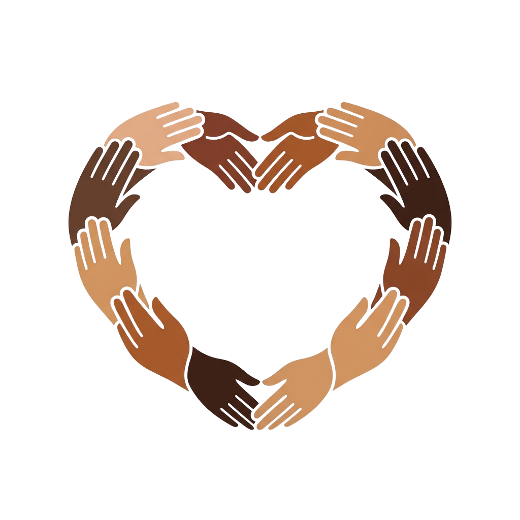 Heart shape created by twelve hands of different skin tones joined together.