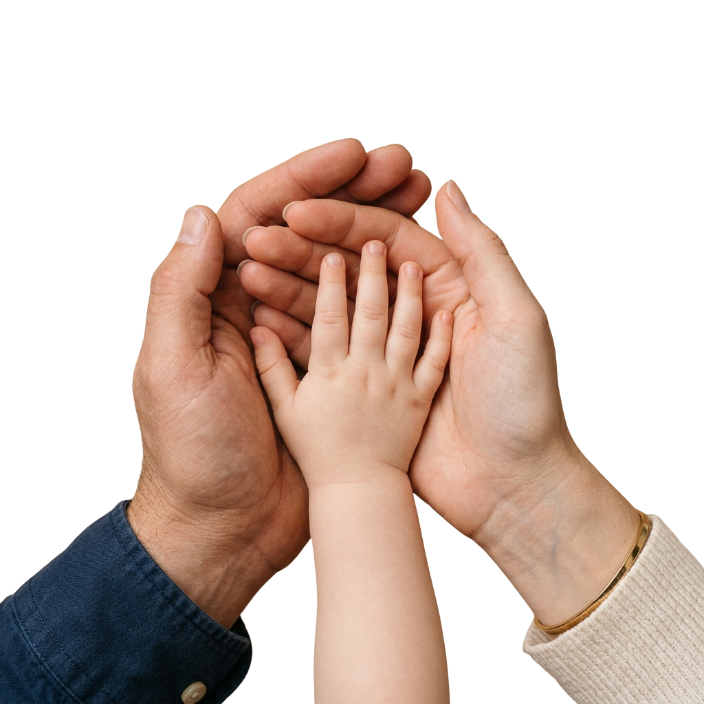 Two adult hands and a child's hand clasped together in a circle against a black background