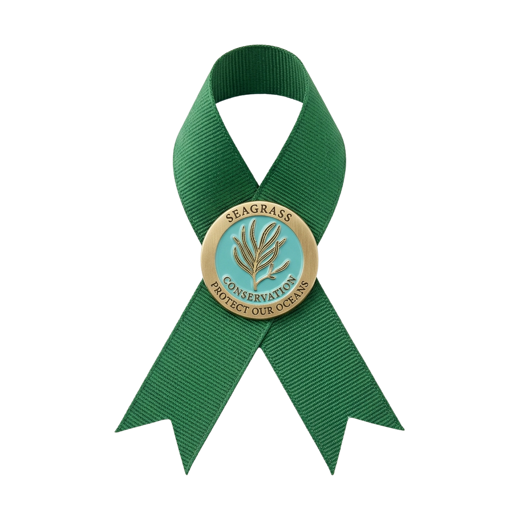 Green awareness ribbon with a circular badge promoting seagrass conservation and ocean protection
