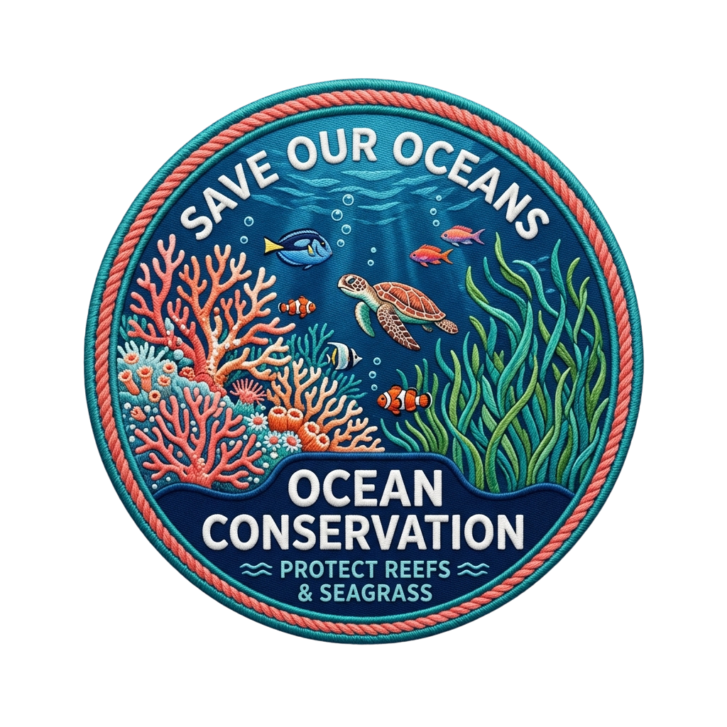 Illustrated patch showing marine life with text Save Our Oceans and Ocean Conservation Protect Reefs Seagrass