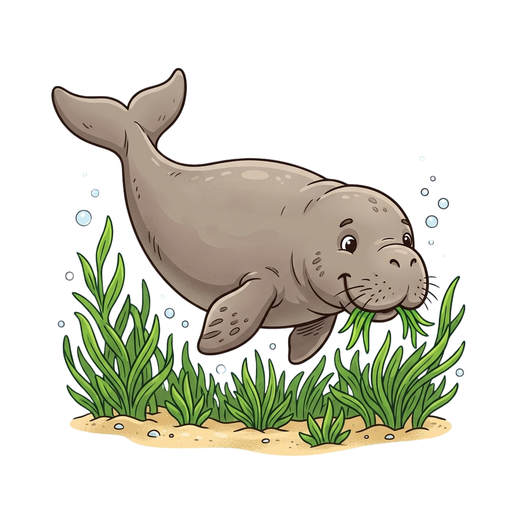 A friendly cartoon manatee swimming in shallow water surrounded by green seagrass