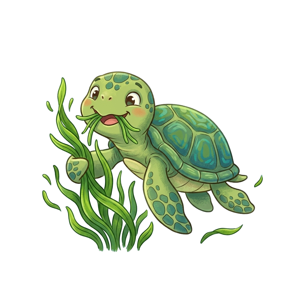 A cheerful cartoon sea turtle eating green seaweed underwater