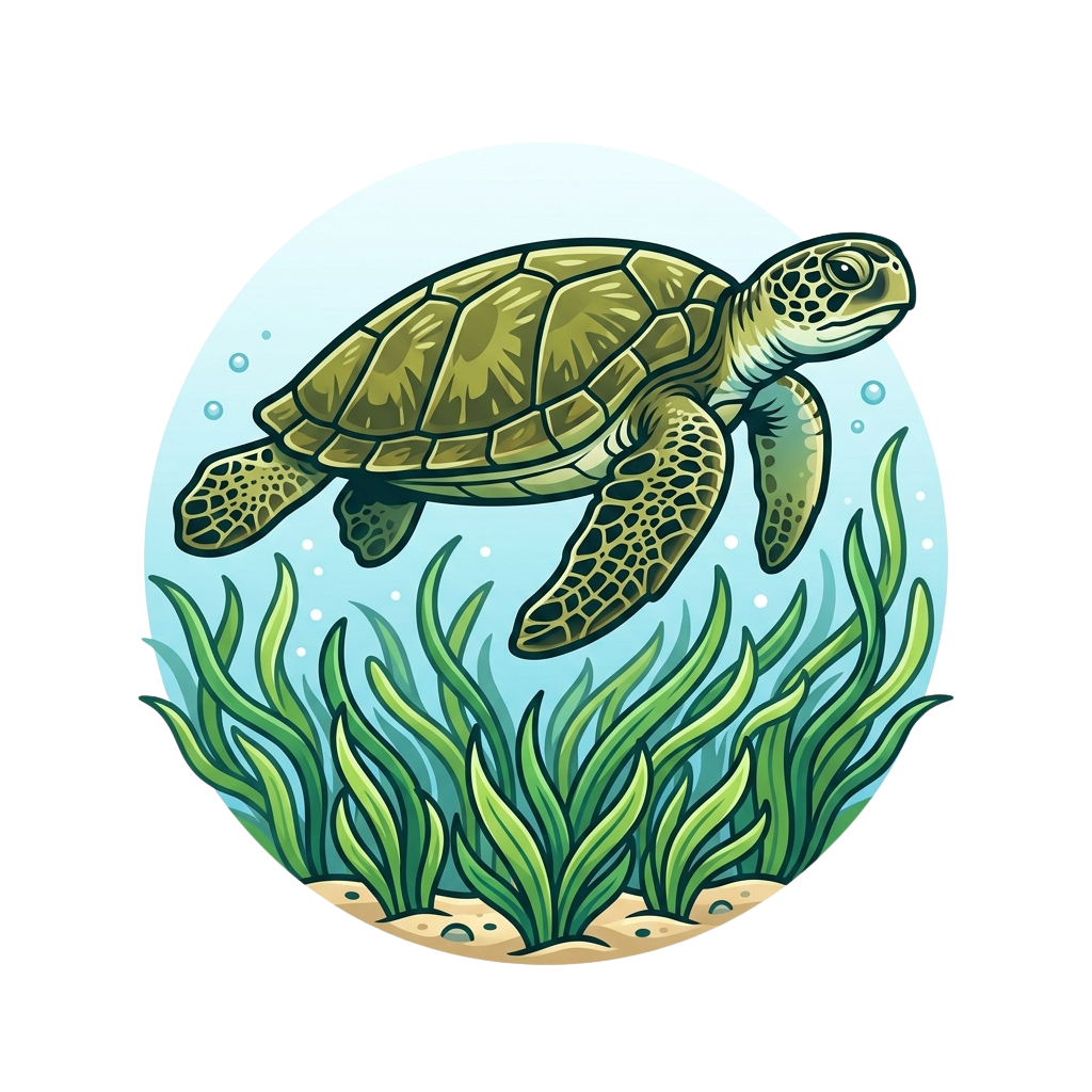 A sea turtle swimming gracefully in clear blue water surrounded by green seagrass