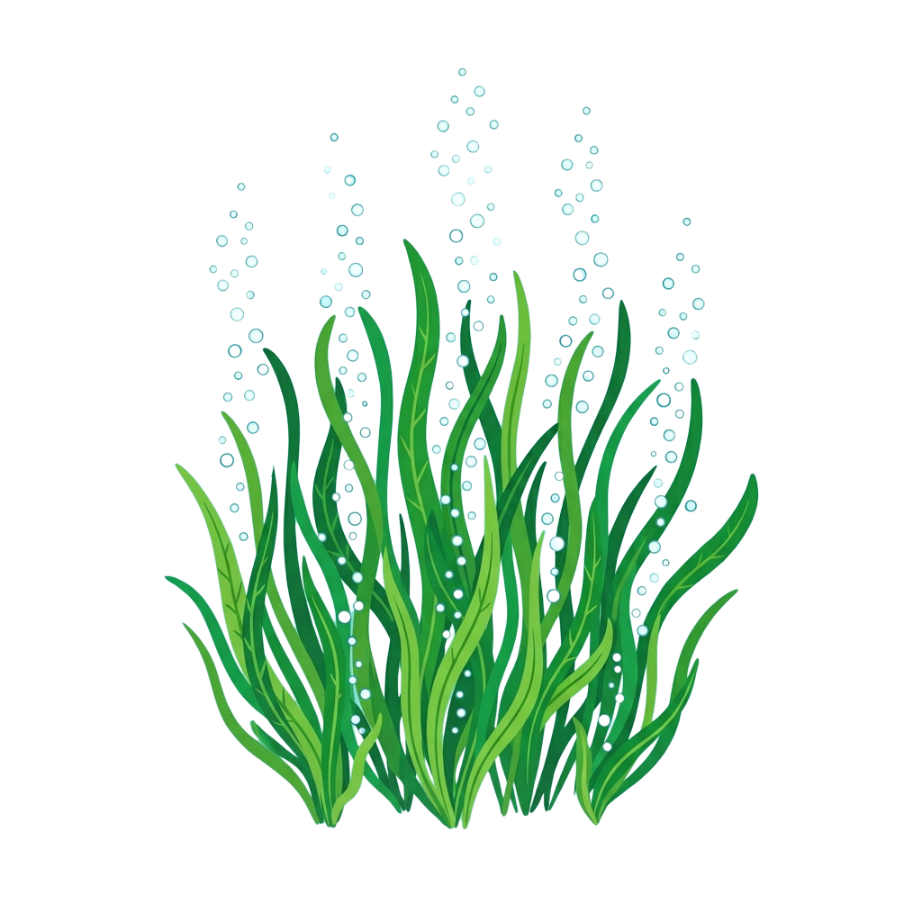 Illustration of green seaweed with bubbles rising around it against a black background