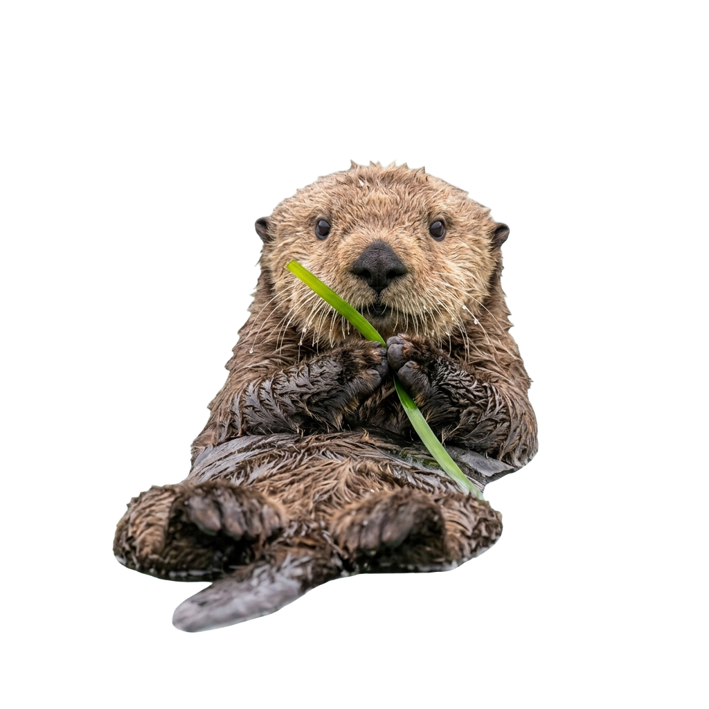A sea otter sitting upright in water, holding a piece of green seaweed in its paws