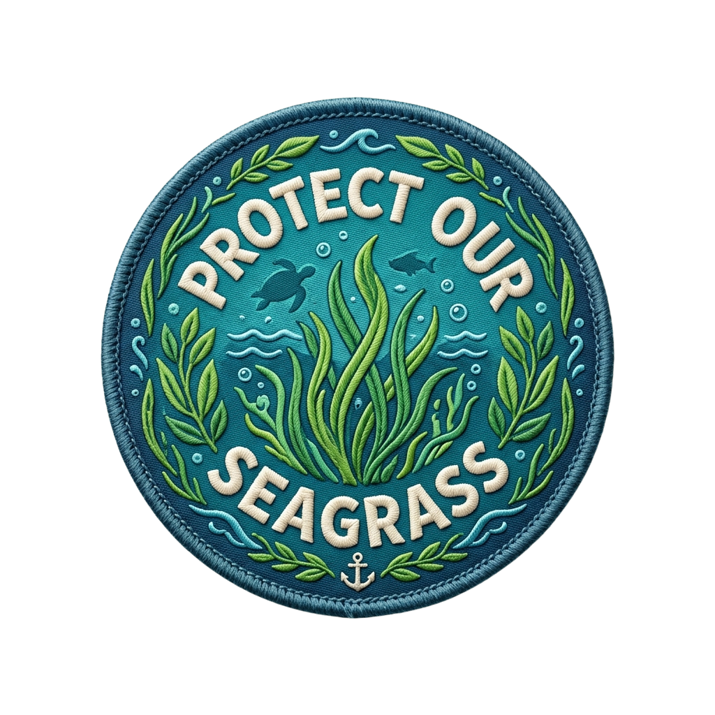 Round badge with text Protect Our Seagrass surrounded by seagrass and sea creatures on blue background