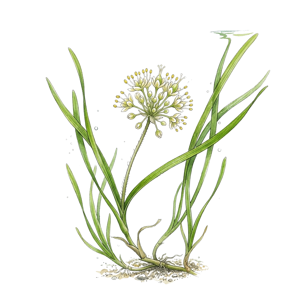 Botanical illustration of an allium plant featuring long green leaves and a round cluster of small white flowers.