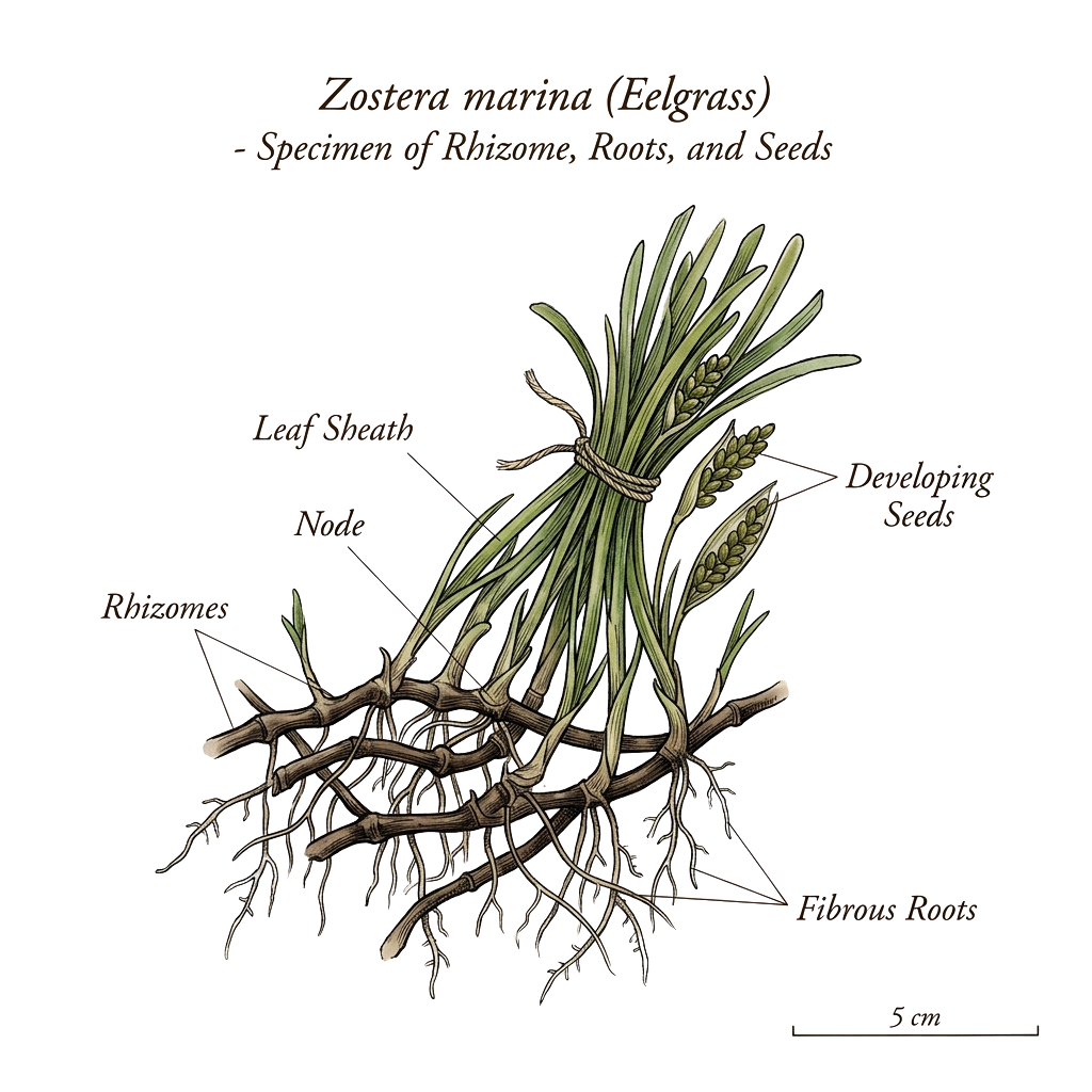 Botanical illustration of eelgrass showing rhizomes, fibrous roots, leaf sheath, node, and developing seeds