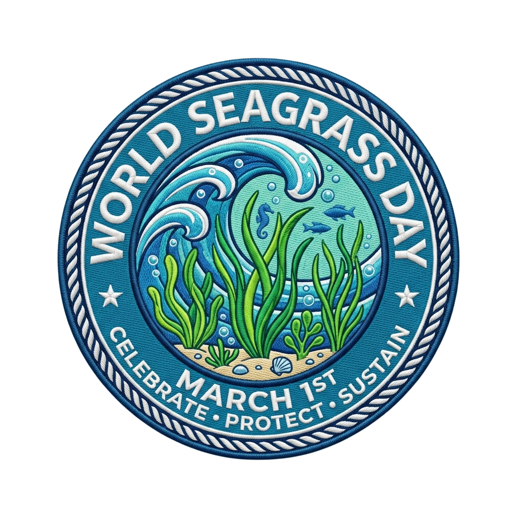 World Seagrass Day badge featuring seagrass, fish, and waves with the date March 1st and the words celebrate, protect, sustain