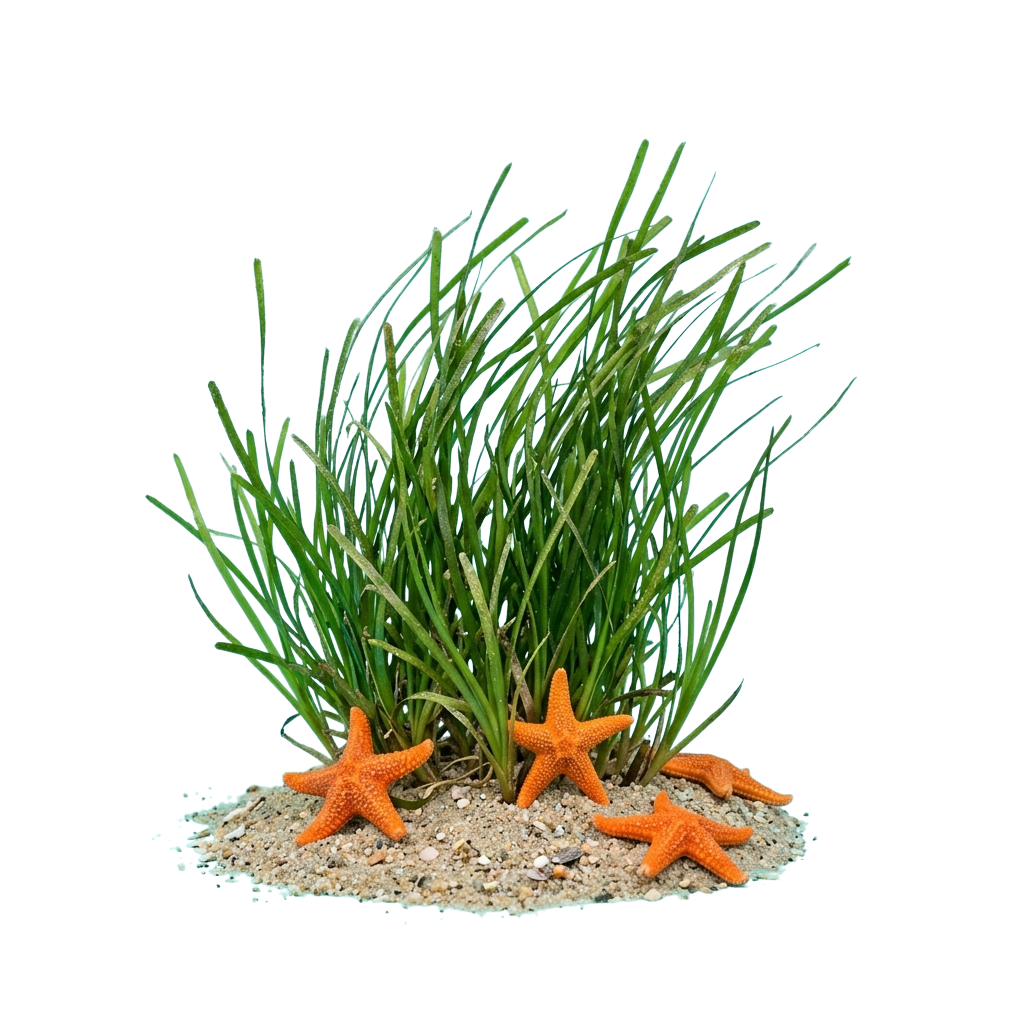 Three orange starfish surrounded by green seaweed on a sandy base