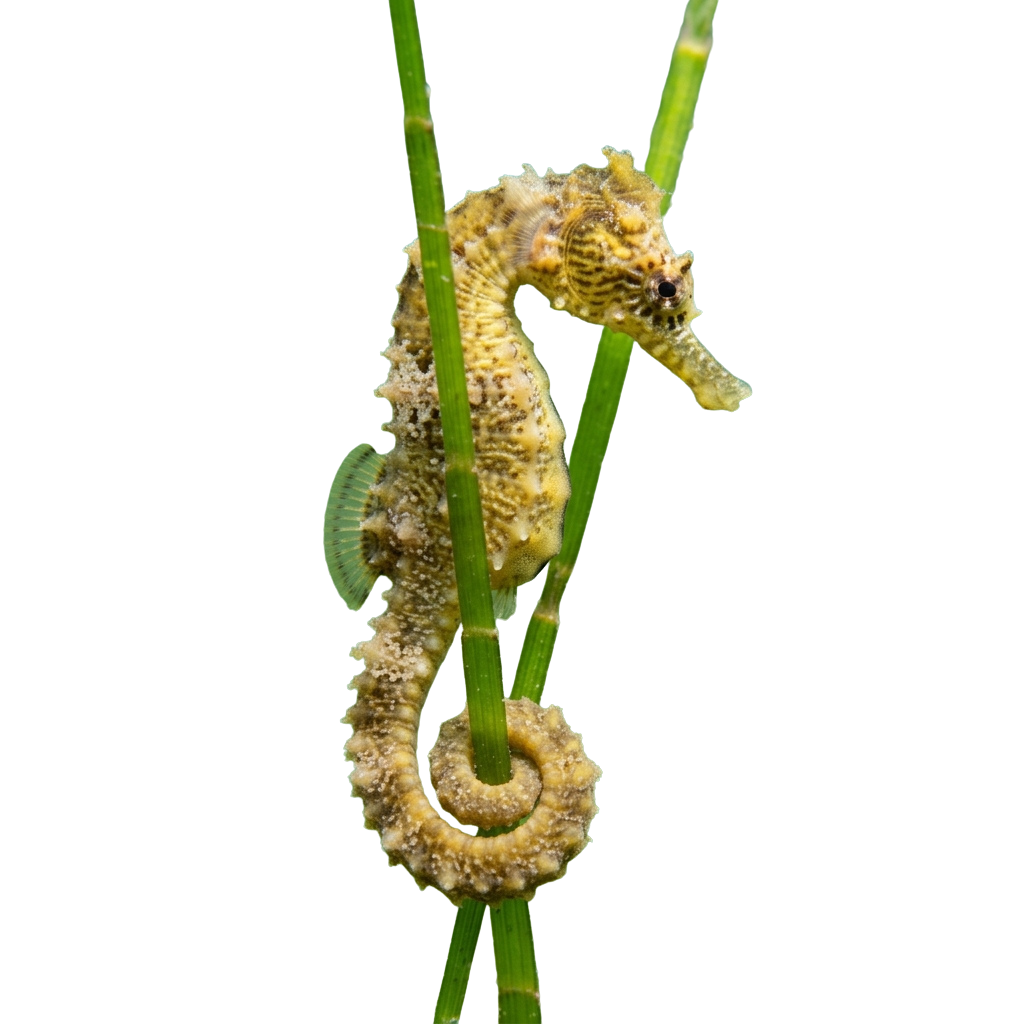A seahorse gripping green seaweed with its tail, facing slightly upward.