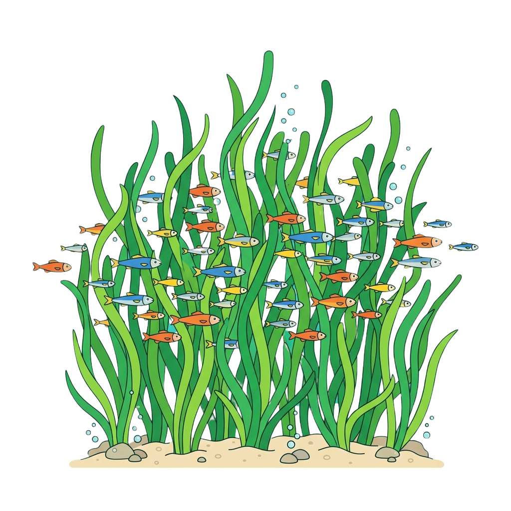 Illustration of small colorful fish swimming among green seaweed on a sandy ocean floor