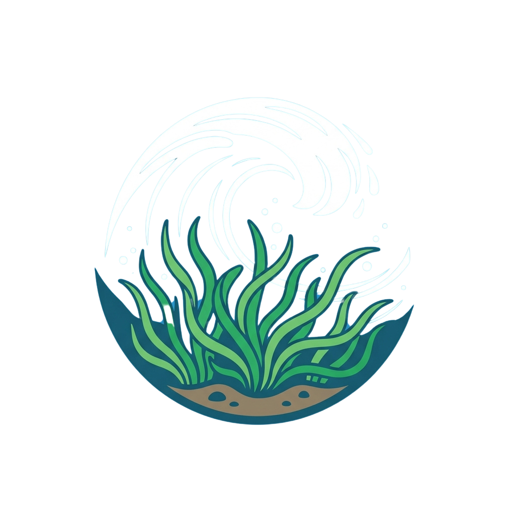 Illustration of a wave crashing over green seaweed on a sandy ocean floor