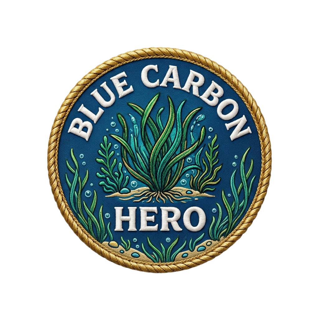 Circular badge featuring text Blue Carbon Hero with seagrass and bubbles on a blue background, framed with rope.