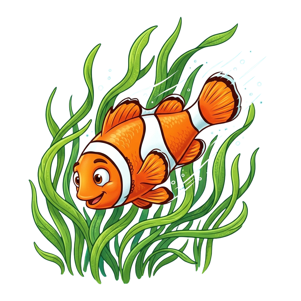 A cheerful cartoon clownfish swimming through green seaweed with bubbles trailing behind