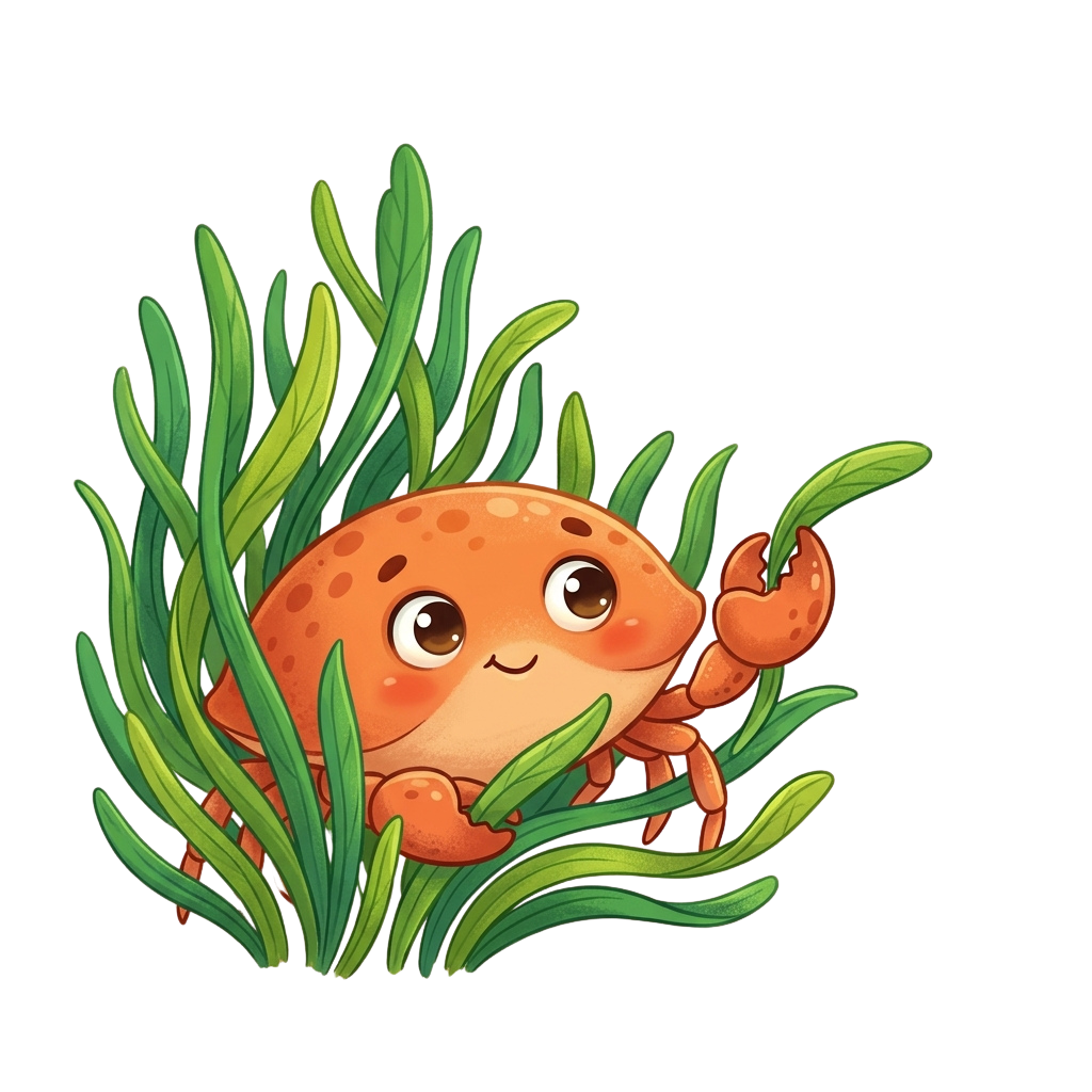 A cheerful cartoon crab with large eyes and a smile hiding among green seaweed