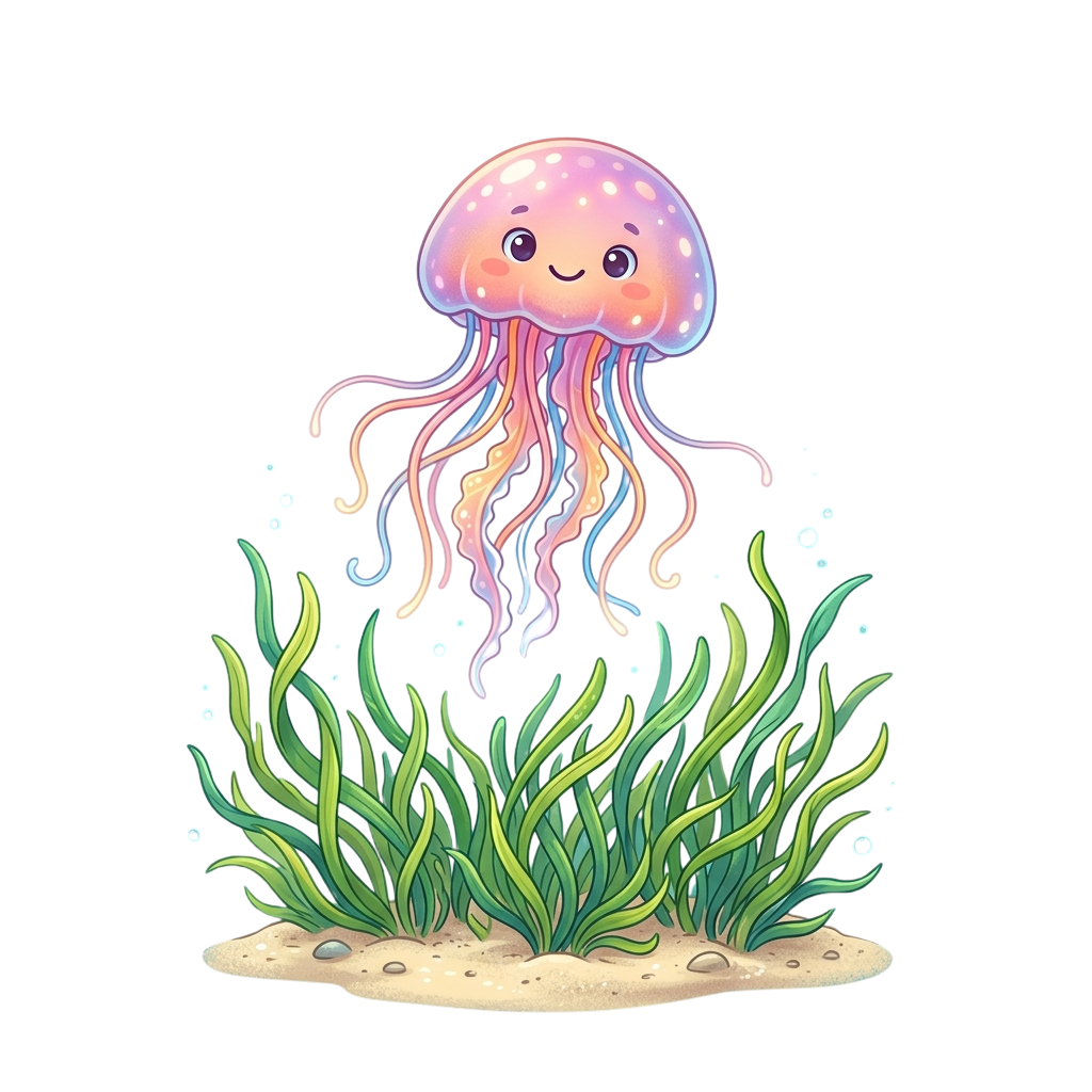 A cheerful cartoon jellyfish with pink tentacles floating above green seaweed on a sandy ocean floor