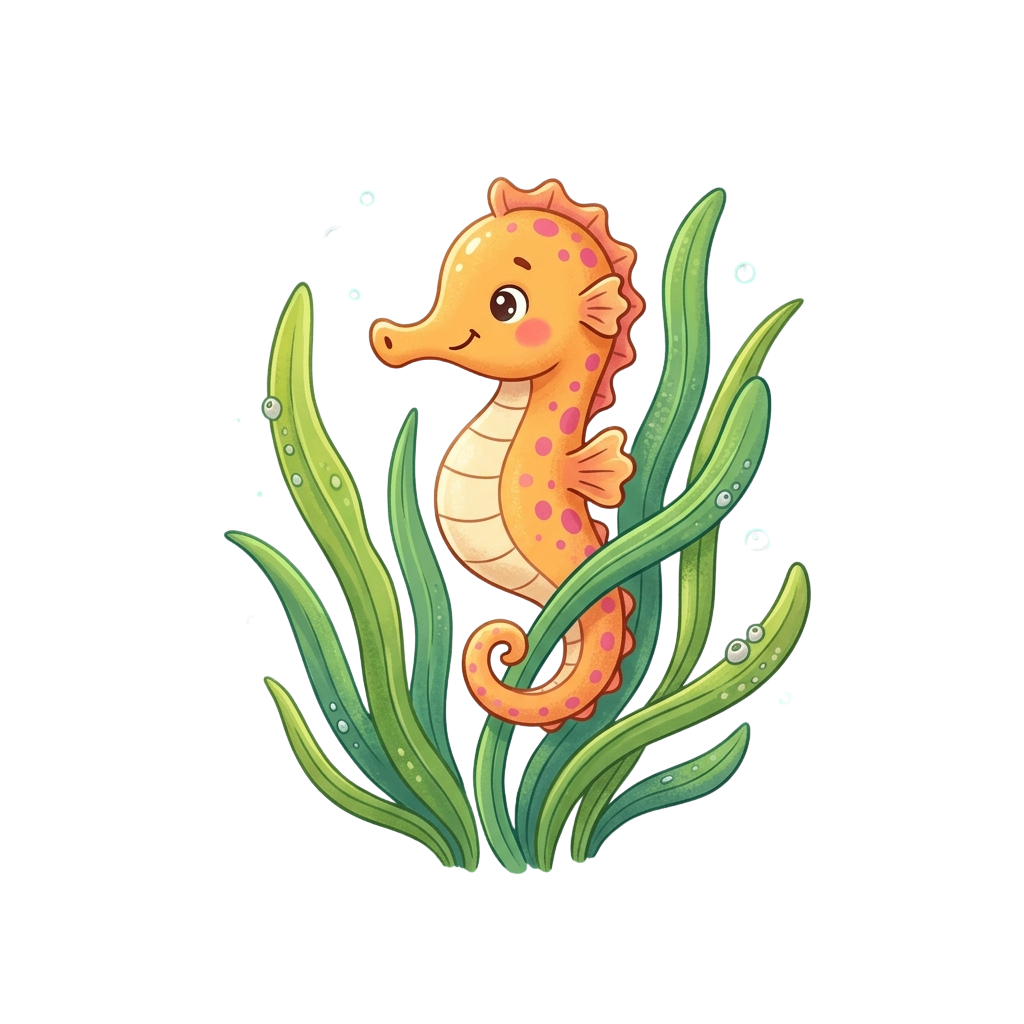 A cheerful cartoon seahorse with orange and white stripes swimming near green seaweed underwater