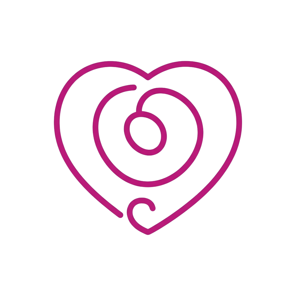 A stylized heart shape featuring a pink swirling pattern inside it on a black background
