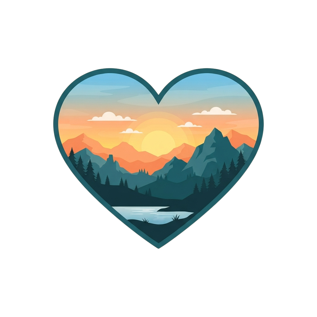 A heart-shaped outline containing a scenic mountain landscape with a sunset and lake.